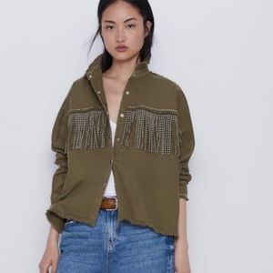 Zara Shiny Fringe Jacket Fringe Green Button Snap Medium